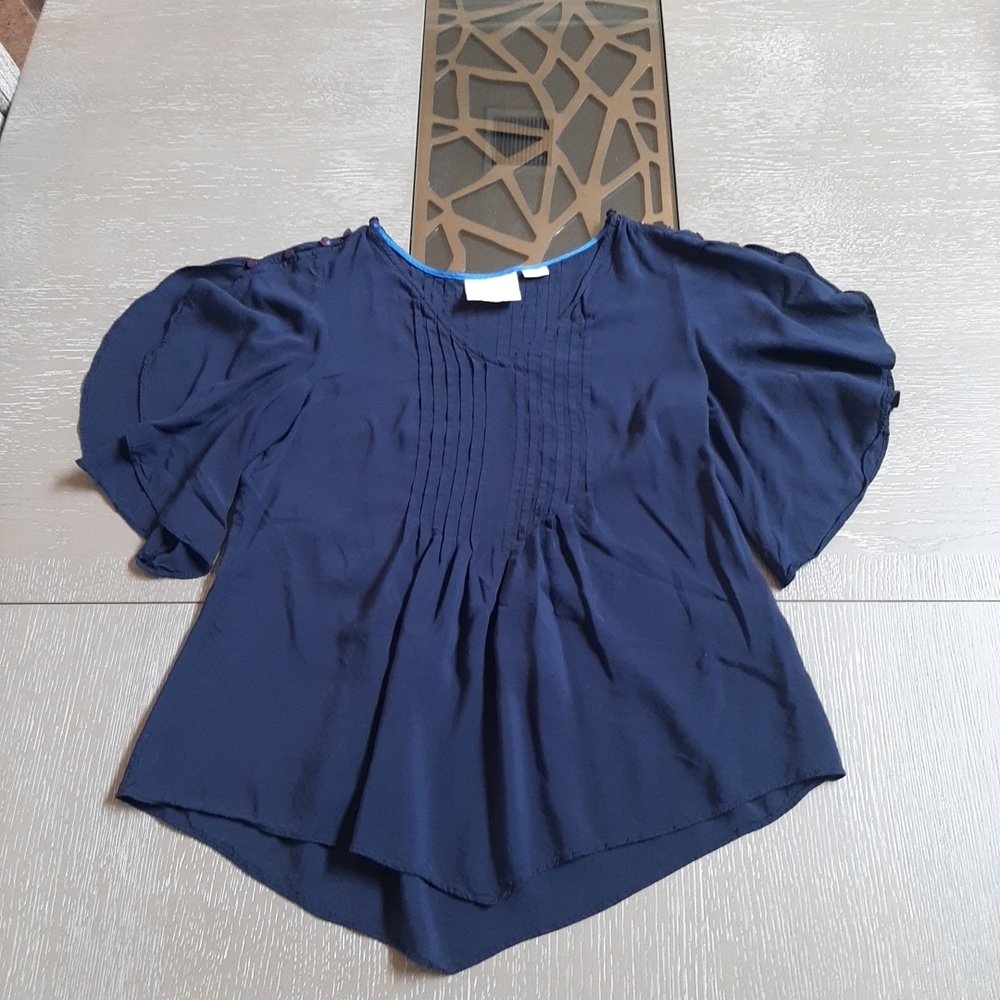 Maeve Navy Blue Flutter Button Sleeves Blouse